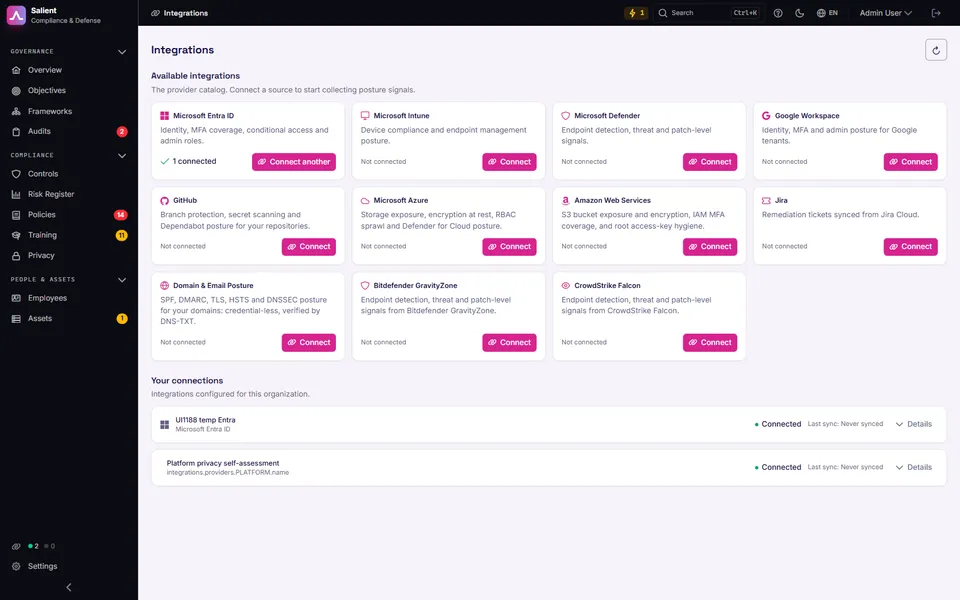 Ecranul Integrări: catalogul de conectori și conexiunile active